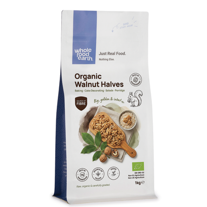 Organic Walnut Halves from Whole Food Earth, showing fresh, crunchy walnut halves in a natural light setting.