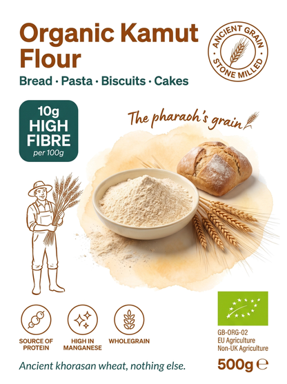 Organic Kamut flour from Whole Food Earth in 500g, 1kg, 2kg, 3kg, and 16kg packages, shown in a clear bag with a natural background.