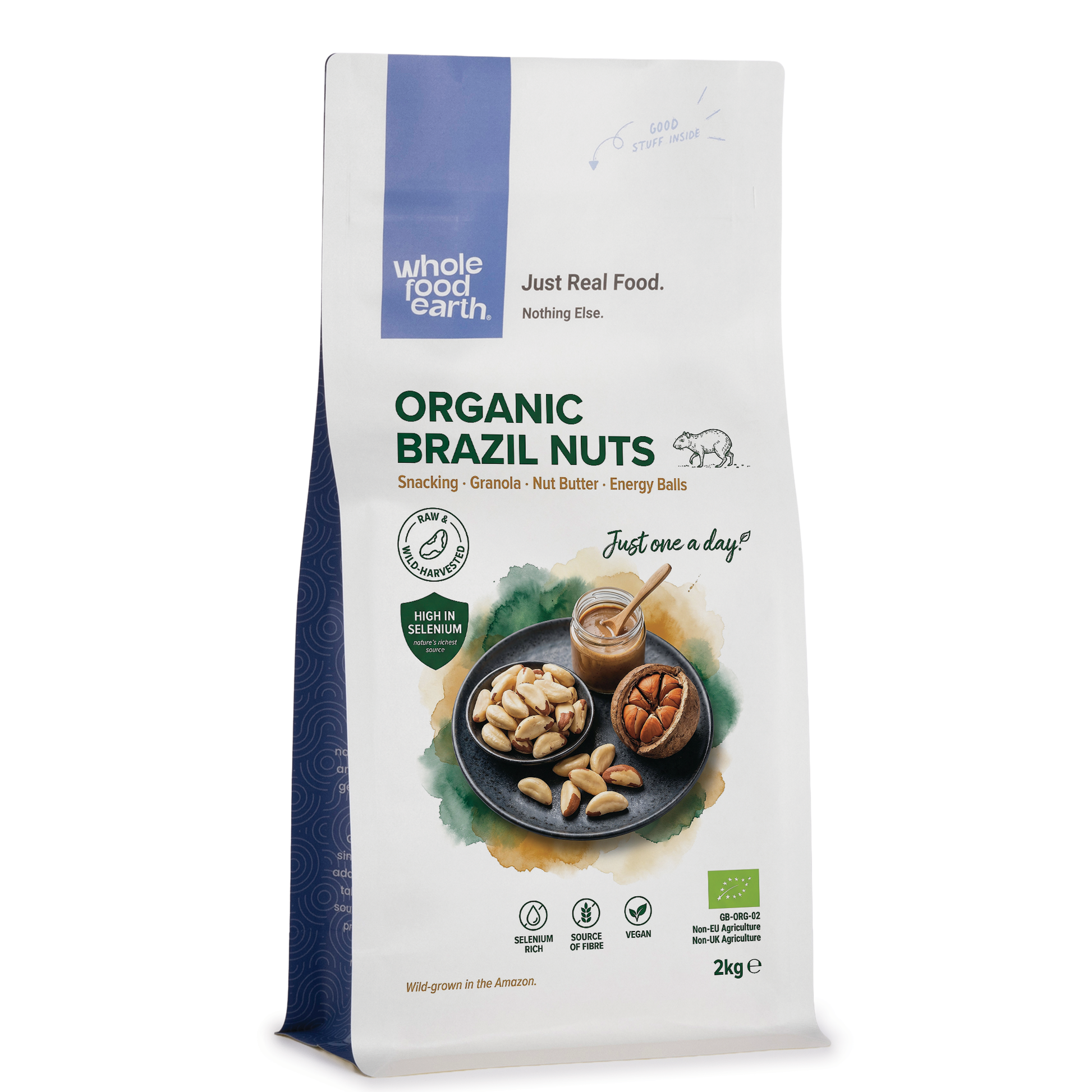 Organic Brazil nuts from Whole Food Earth, showcasing whole, raw nuts in a natural, unprocessed state.
