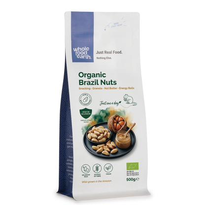 Organic Brazil nuts from Whole Food Earth, whole and unprocessed, shown in a natural cluster on a white background.