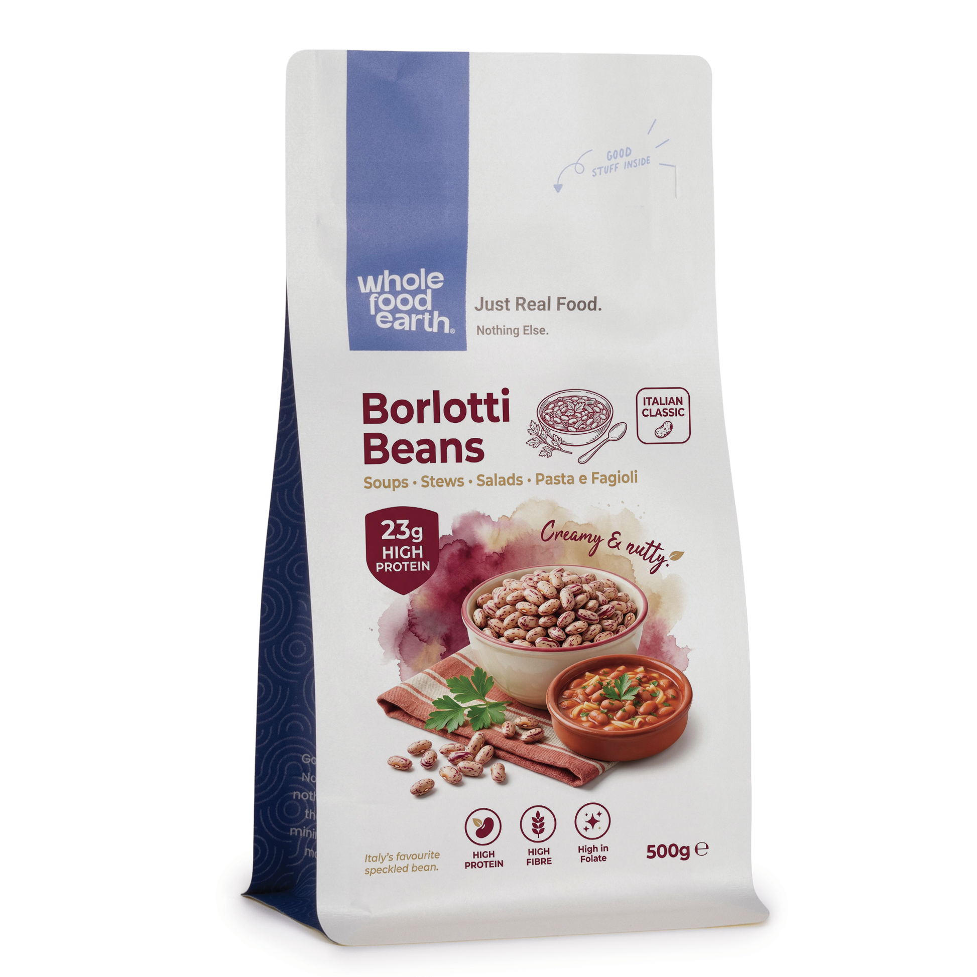 Whole Food Earth Borlotti Beans, dried beans and pulses, showing plump, reddish-brown beans in a close-up image.