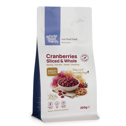 Dried Whole and Sliced Cranberries by Whole Food Earth, fresh and vibrant dried fruit for snacking or baking.