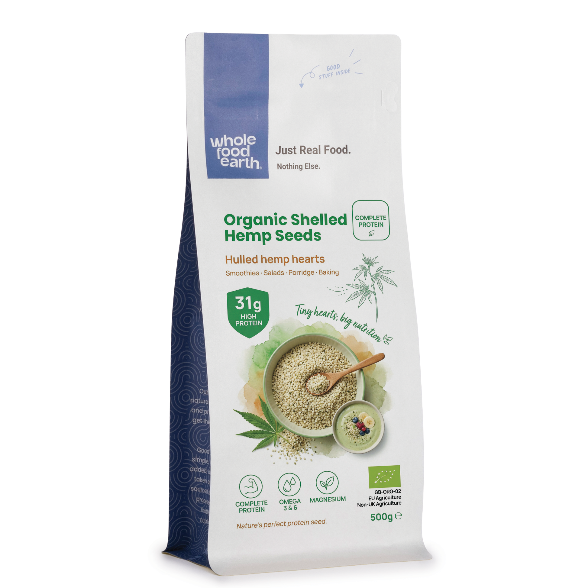 Organic shelled hemp seeds from Whole Food Earth, showing small, light green seeds in a bowl on a white background.