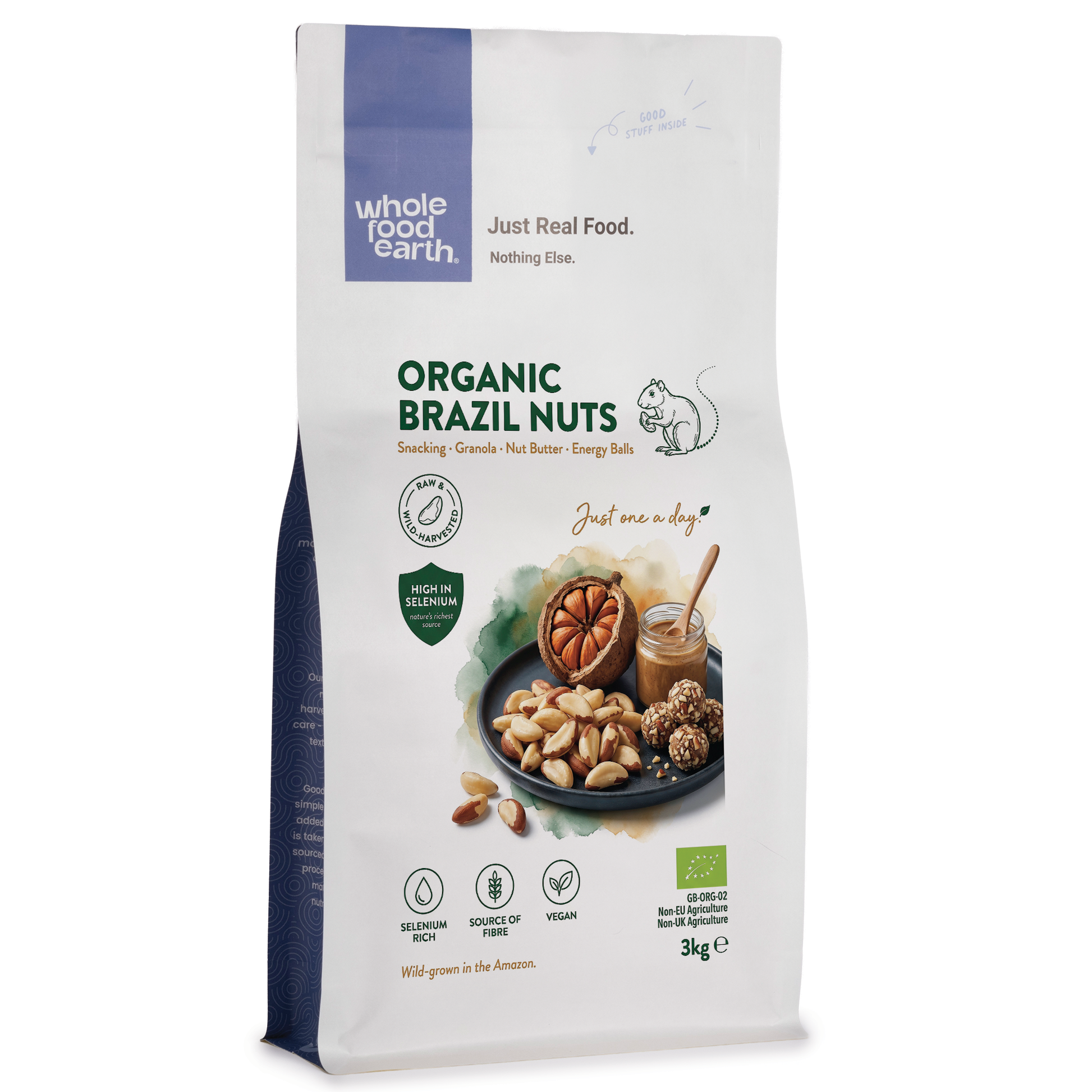Organic Brazil nuts from Whole Food Earth, whole and shelled, in a natural pile, showcasing their rich brown color and large size.