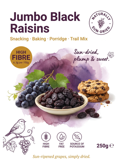 Jumbo black raisins from Whole Food Earth, dried fruits with large, plump black raisins in a clear container.