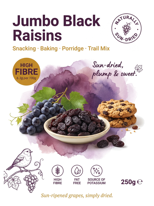 Jumbo black raisins from Whole Food Earth, dried fruits with large, plump black raisins in a clear container.