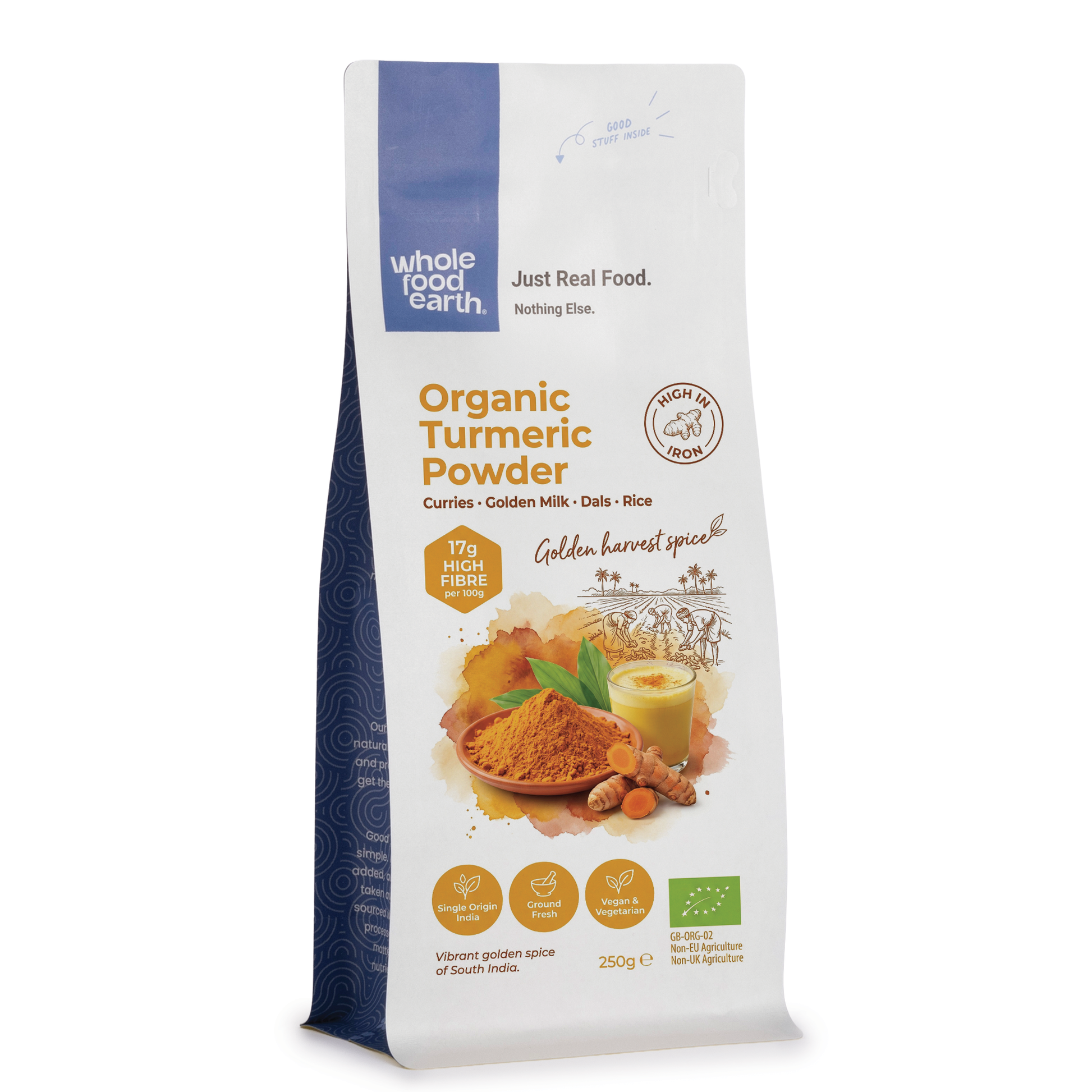 Organic turmeric powder from Whole Food Earth, highlighting bright yellow spice in a clear container for herbs and spices.
