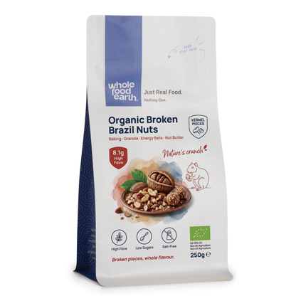Organic broken Brazil nuts from Whole Food Earth, showcasing the natural, irregular pieces of these nutritious nuts.