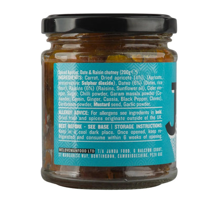 Janda Dried Fruit Chutney 200g jar with a close-up of the chutney showing dried fruits and spices