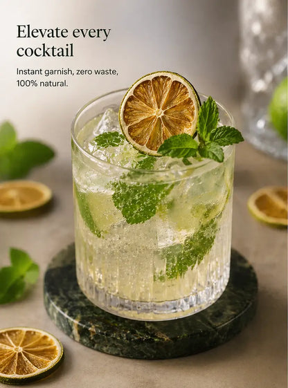 Dried lime slices from JoJo’s Kitchen, perfect for cocktails and garnishes, shown in a close-up image of dehydrated lime pieces.