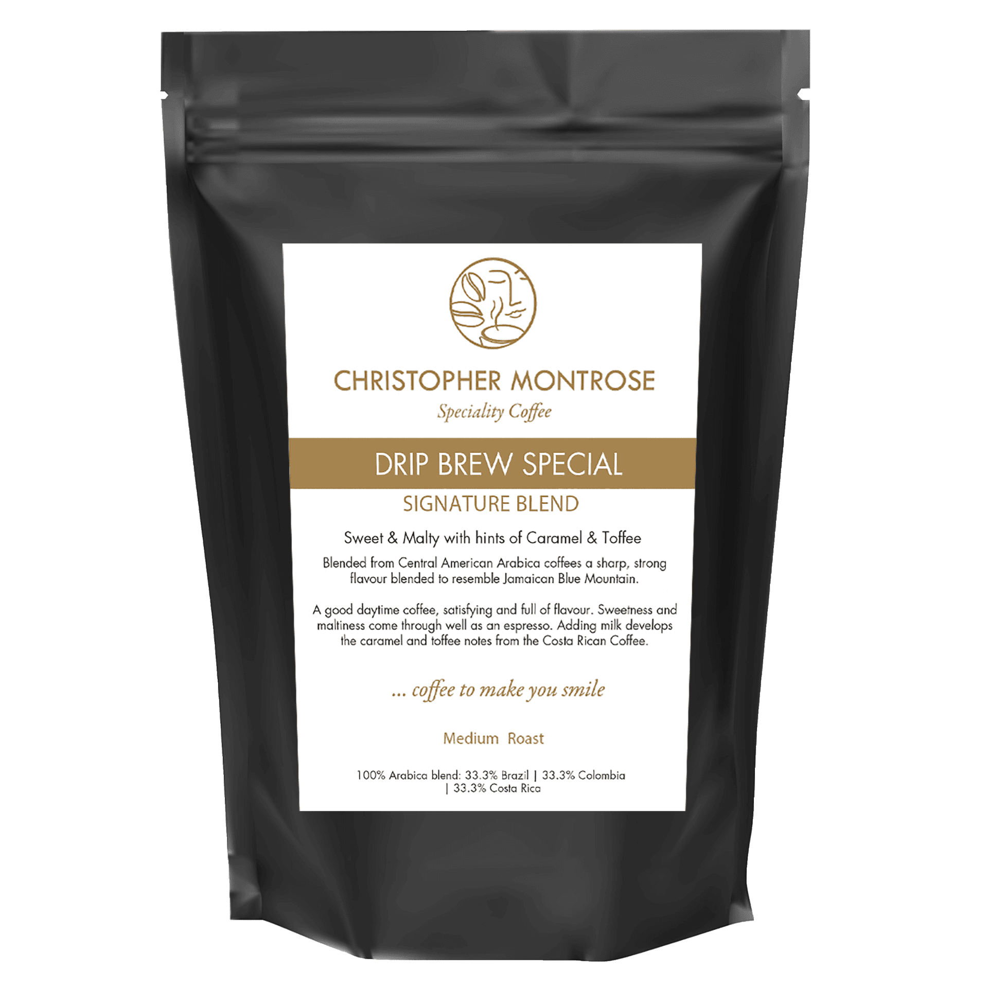 Container of Christopher Montrose Coffee Drip Brew Special Arabica Coffee Beans in a clear jar, showcasing fresh, roasted coffee beans.