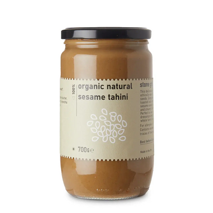 Organic natural sesame tahini dip from Whole Food Earth, creamy spread made from raw, pure sesame seeds.
