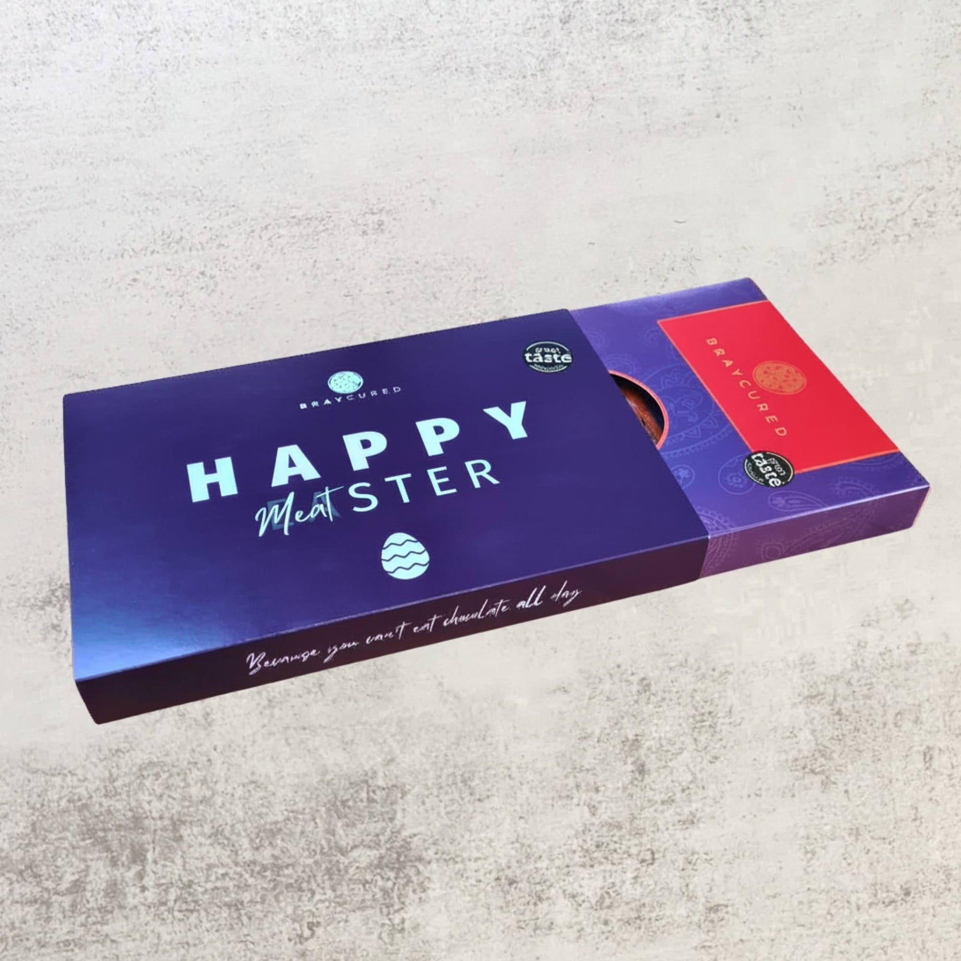 Bray Cured Spicy Tasting Trio featuring assorted spicy charcuterie slices in a festive Easter gift sleeve.
