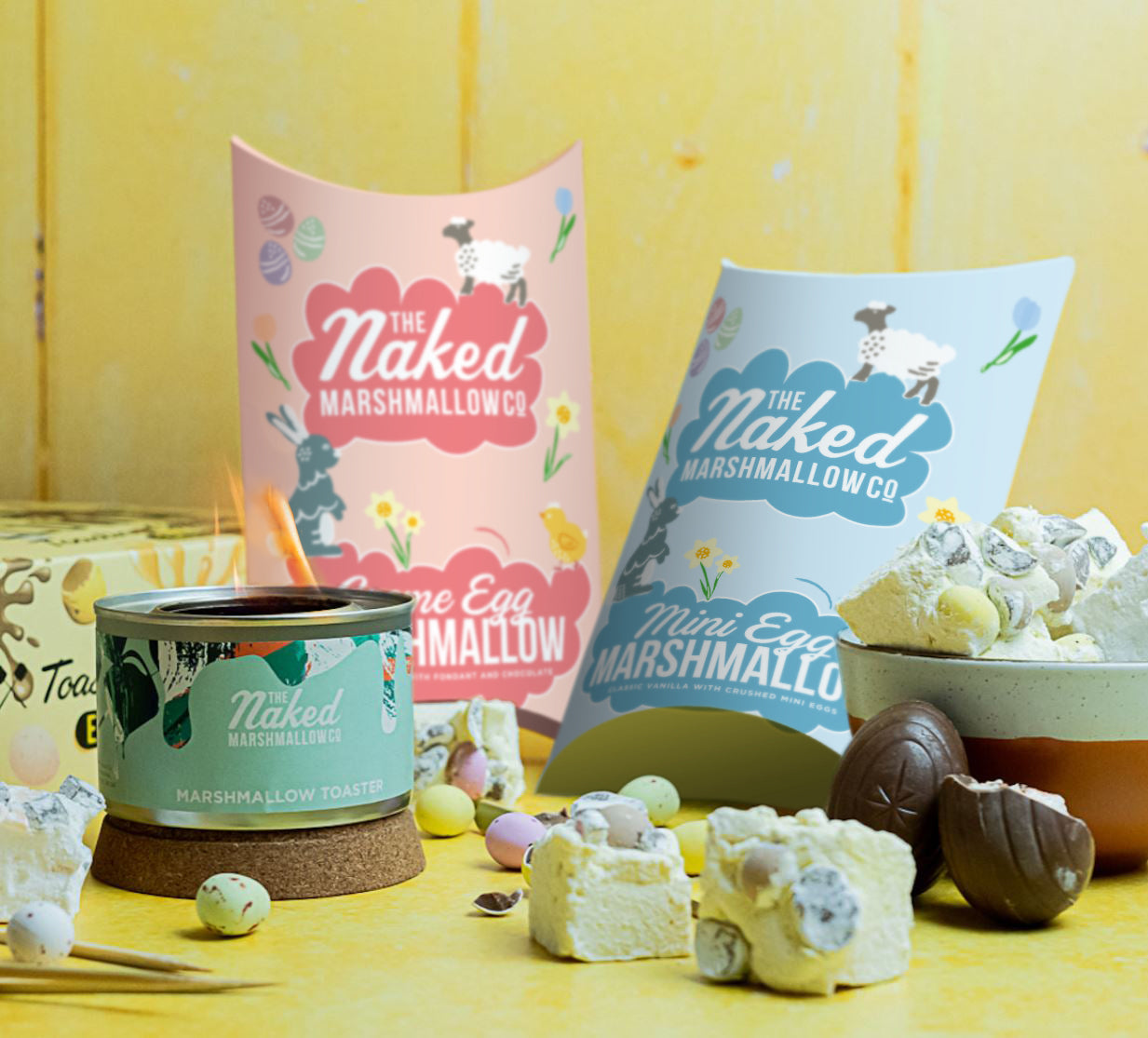 Easter Edition Gourmet Marshmallow Toasting Gift Set by THE MARSHMALLOW FACTORY with colorful marshmallows and toasting sticks.
