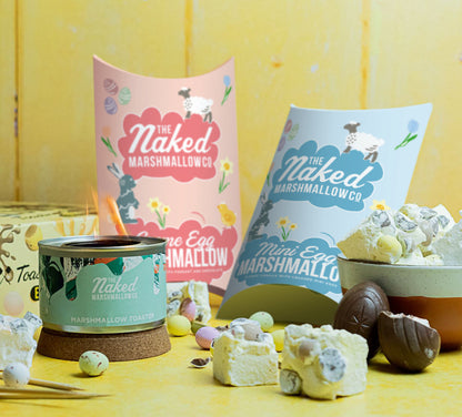 Easter Edition Gourmet Marshmallow Toasting Gift Set by THE MARSHMALLOW FACTORY with colorful marshmallows and toasting sticks.