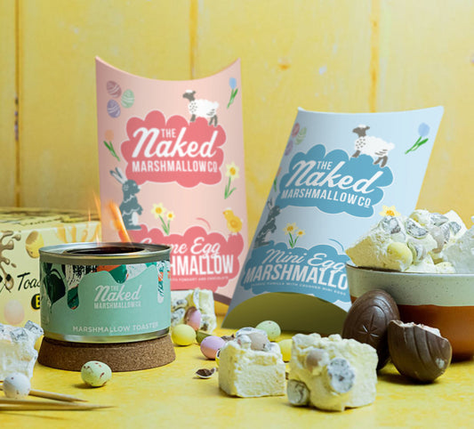 Easter Edition Gourmet Marshmallow Toasting Gift Set by THE MARSHMALLOW FACTORY with colorful marshmallows and toasting sticks.