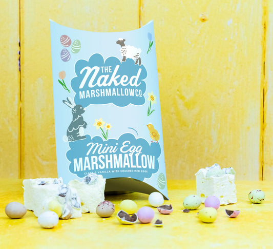 Mini Egg Gourmet Marshmallows by THE MARSHMALLOW FACTORY showing colorful marshmallows with mini egg toppings on a white background.