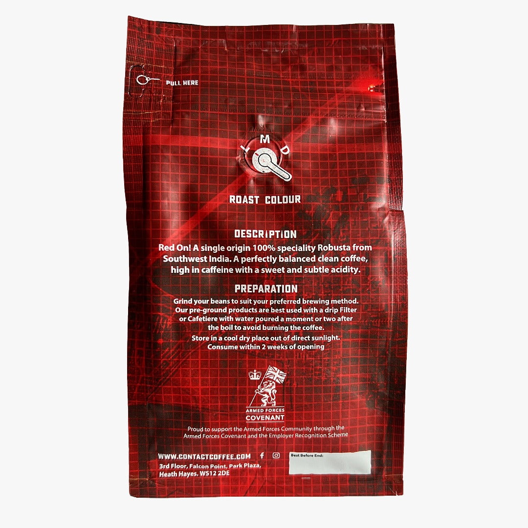 Red On! high-caffeine coffee from Contact Coffee Company Ltd., showing a steaming coffee cup with rich, dark coffee inside.