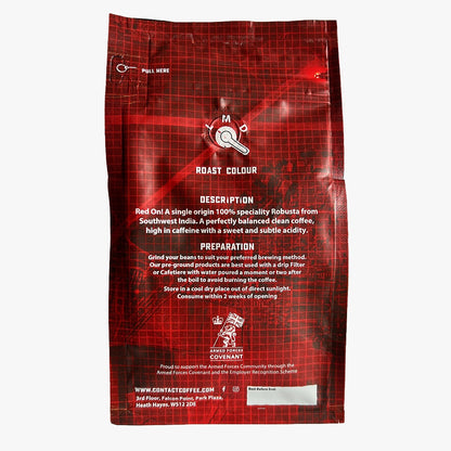 Red On! high-caffeine coffee from Contact Coffee Company Ltd., showing a steaming coffee cup with rich, dark coffee inside.