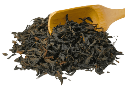 Black tea leaves of Emperor Butterfly Lapsang Souchong by Porter Hill Tea Company, shown in a transparent container.