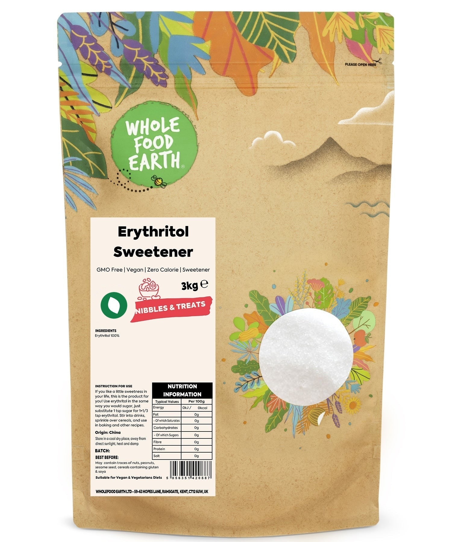 Bag of Whole Food Earth erythritol sweetener, a natural mineral salt sweetener for low-calorie cooking and baking.