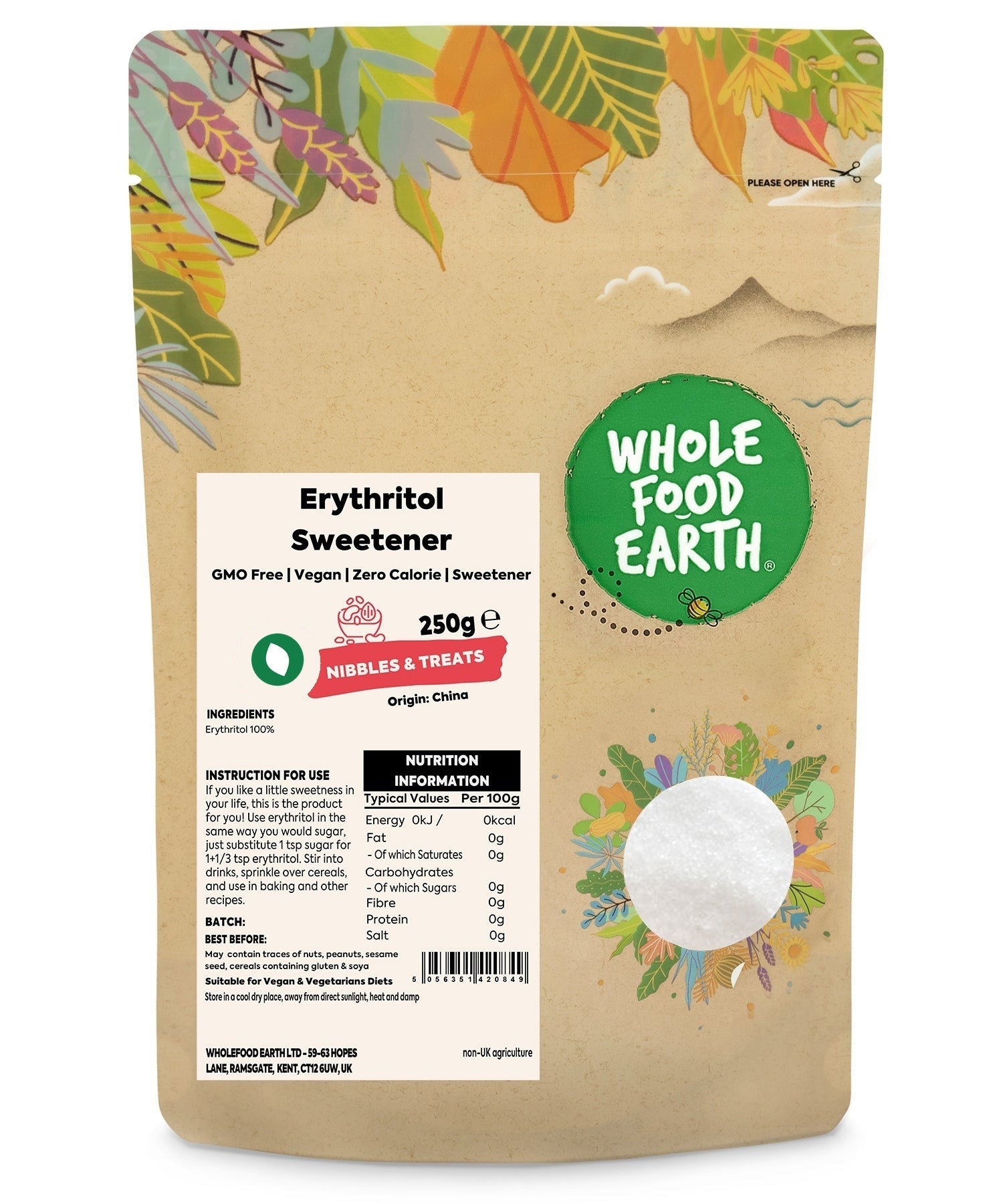 Bag of Whole Food Earth erythritol sweetener, a natural mineral salt substitute for healthier sugar alternatives.