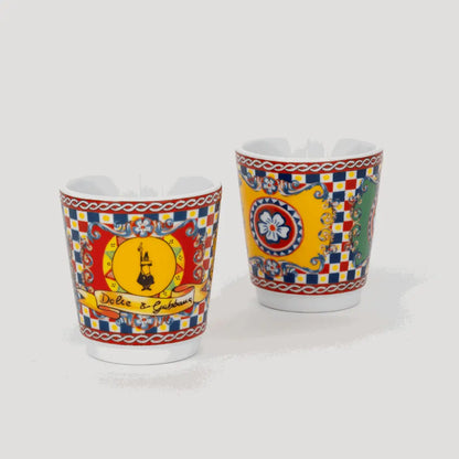 Bialetti X Dolce&Gabbana Sicilian Cart gift set with two espresso cups, gold stirrers, and Moka 2-cup coffee maker by Brew Italia