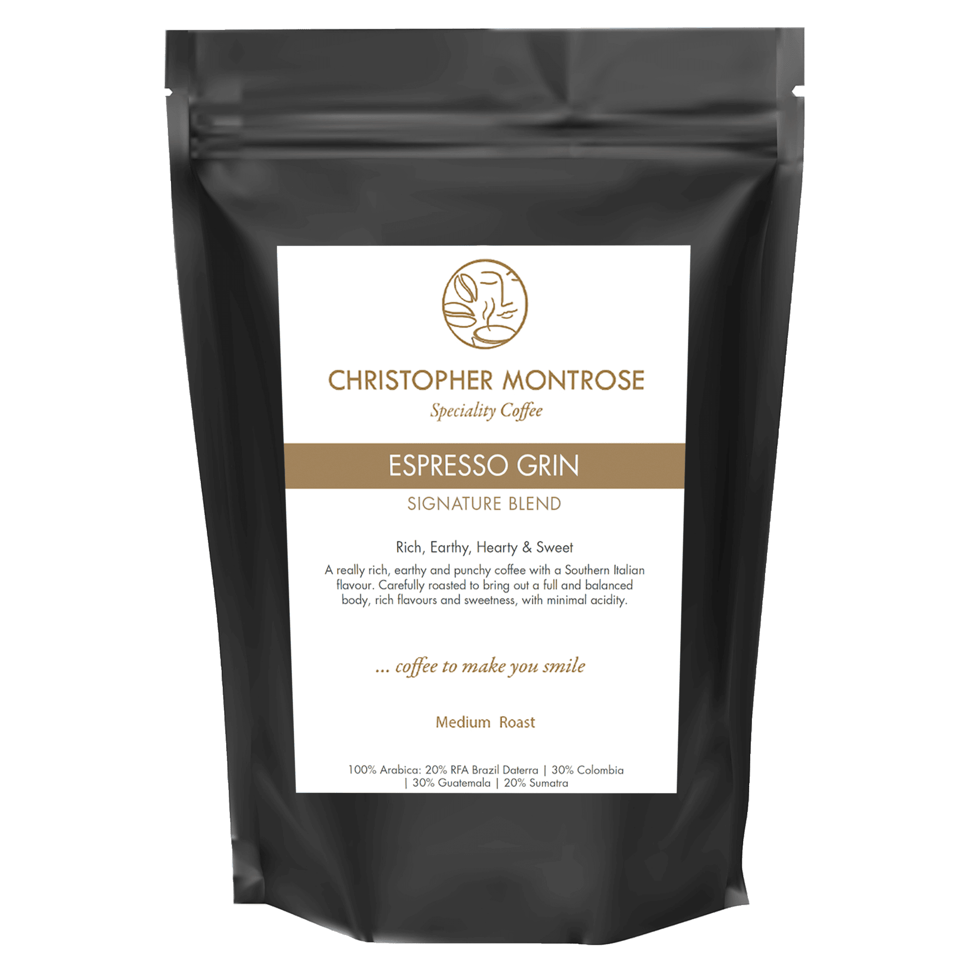Bag of Christopher Montrose Coffee Arabica Espresso Grin coffee beans with a transparent background.