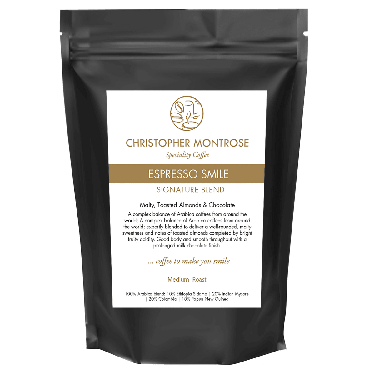 Transparent image of Christopher Montrose Coffee Arabica Espresso Smile coffee beans with a rich, roasted appearance.