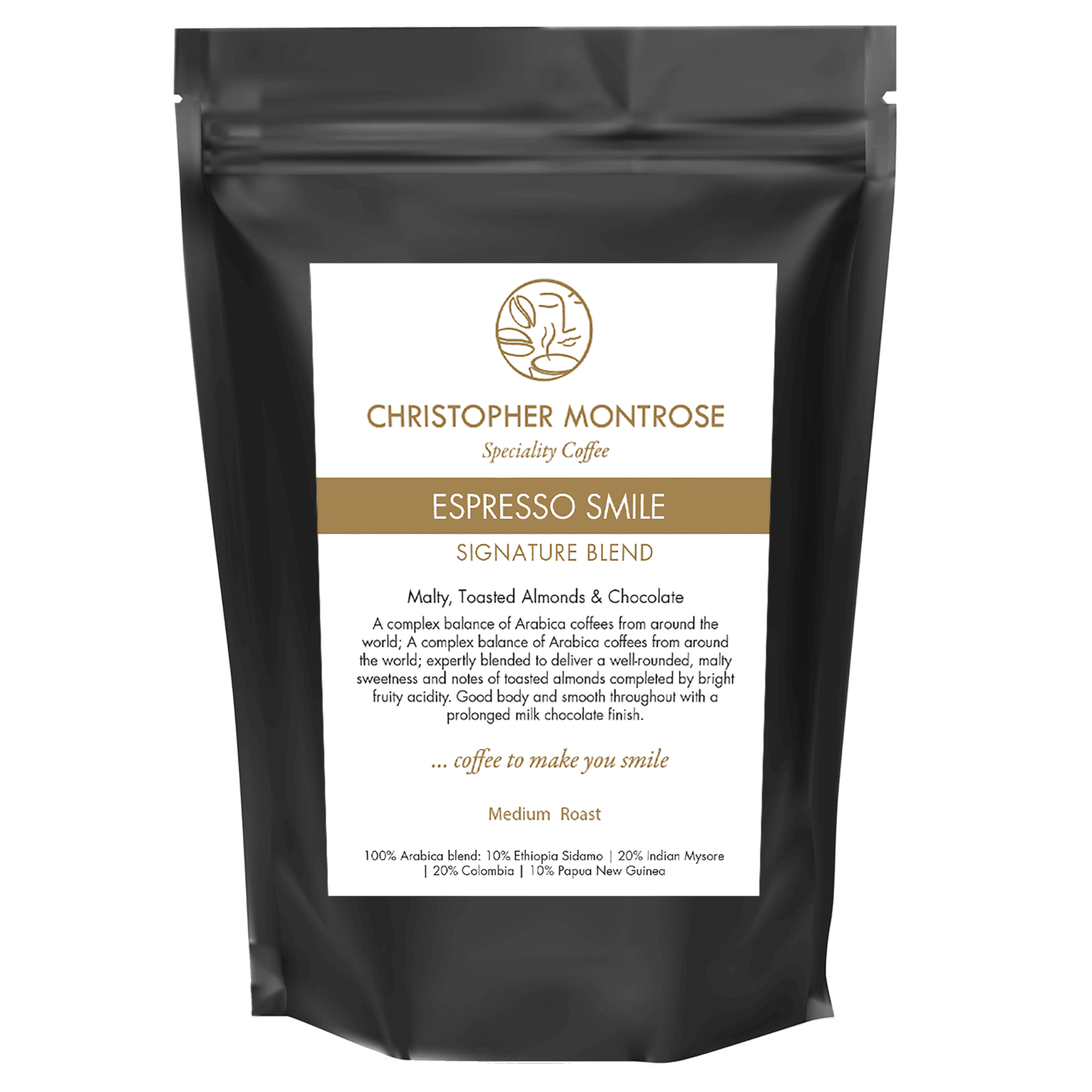 Transparent image of Christopher Montrose Coffee's Arabica Espresso Smile coffee beans for rich, flavorful espresso brewing.