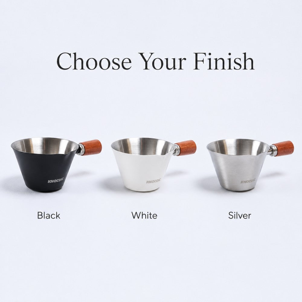 KNOCDIC® espresso measuring cup in various colors, 100ml capacity, with clear measurement markings for precise coffee brewing.