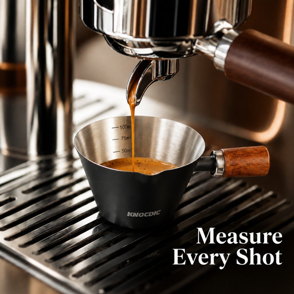 KNOCDIC® 100ml espresso measuring cup filled with coffee, showing precise measurement for brewing and culinary use