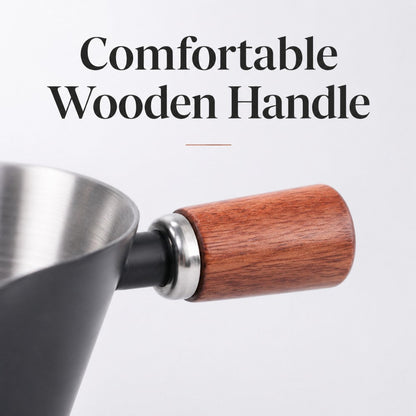 KNOCDIC® 100ml espresso measuring cup with wooden handle, featuring clear measurement markings and a sturdy, ergonomic design.