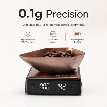 KNOCDIC® Mini Coffee Scale with Timer showing precise 0.1g measurement for espresso brewing.
