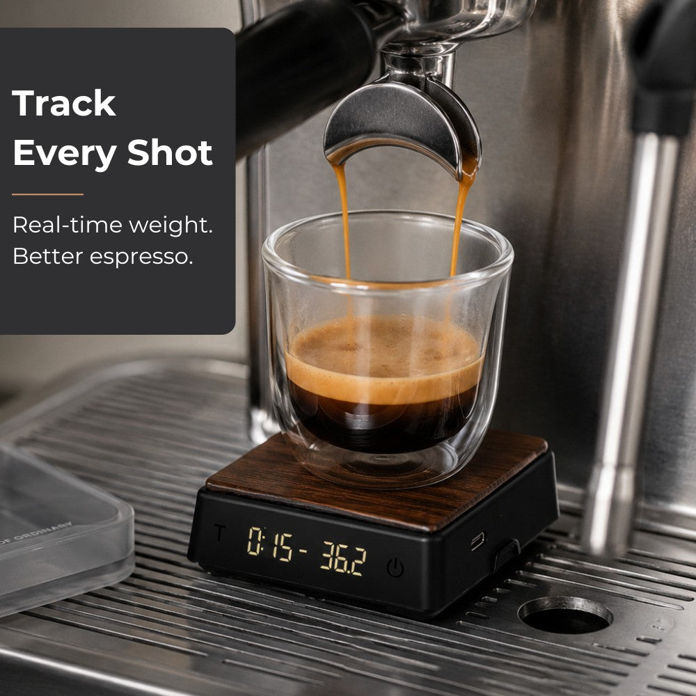 KNOCDIC® mini coffee scale with timer displaying espresso shots and measurement markings for precise brewing.