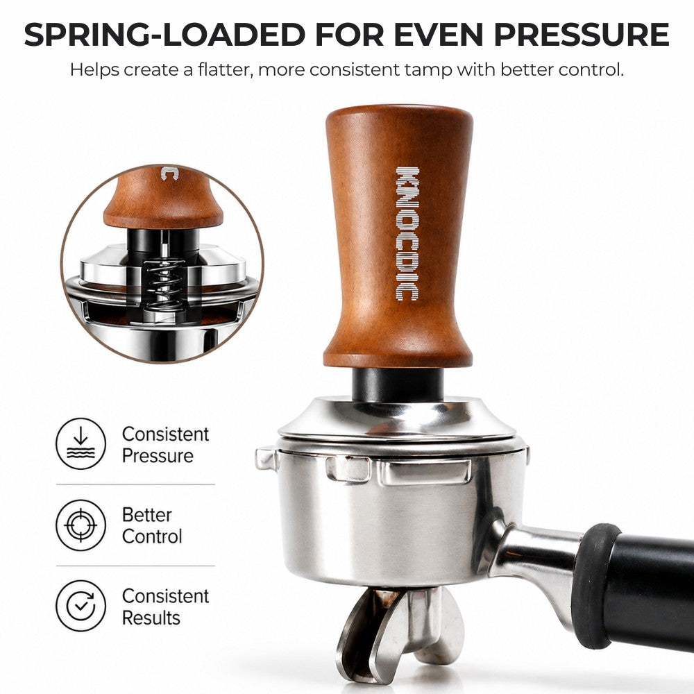 KNOCDIC® espresso tamper with spring-loaded base for even coffee tamping, stainless steel handle and precise pressure control.