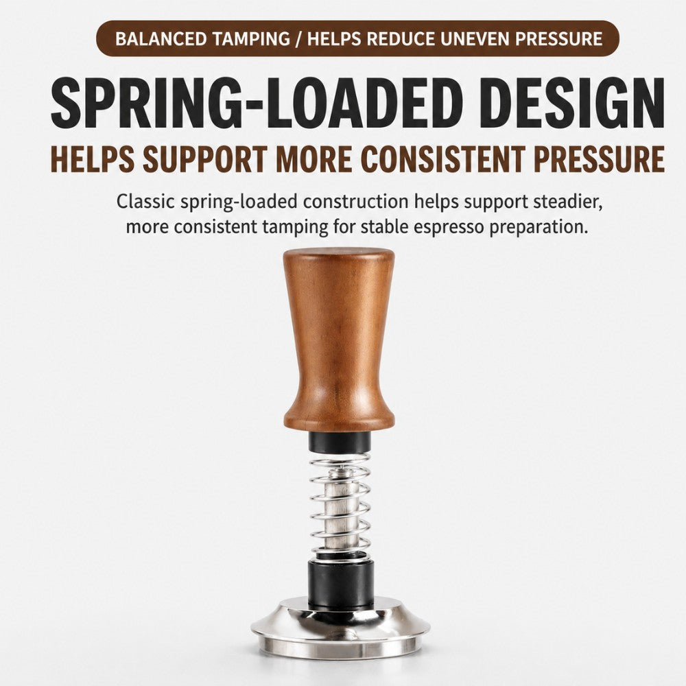 KNOCDIC® espresso tamper with spring-loaded base for even coffee tamping in commercial or home espresso machines.