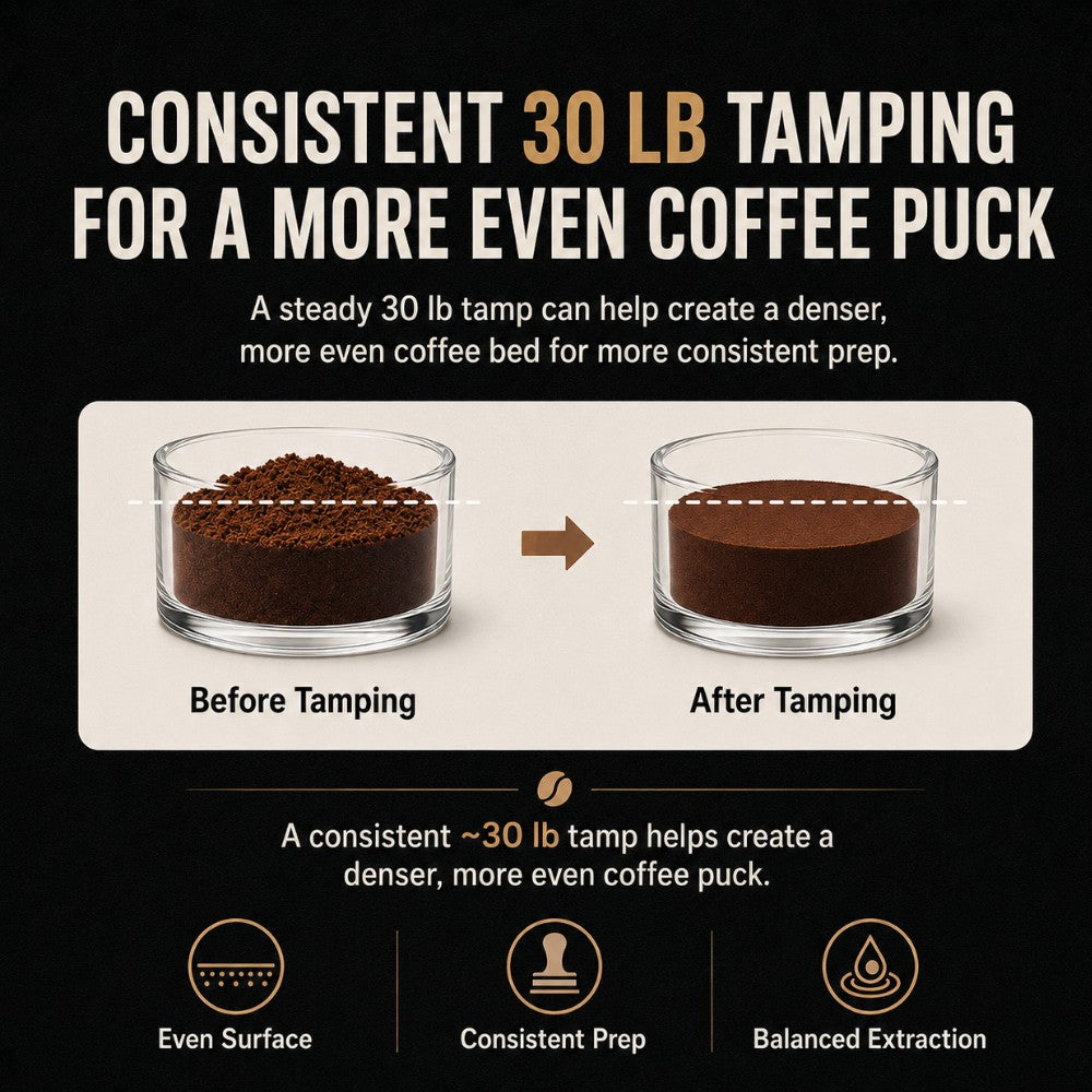 KNOCDIC® espresso tamper with spring-loaded base for even coffee tamping on a countertop.