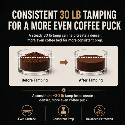 KNOCDIC® espresso tamper with spring-loaded base for even coffee tamping on a countertop.