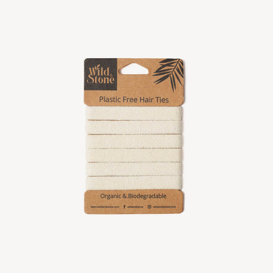 Six blonde plastic-free hair ties from Wild and Stone, shown in a neat pack, suitable for gentle, eco-friendly hair styling.