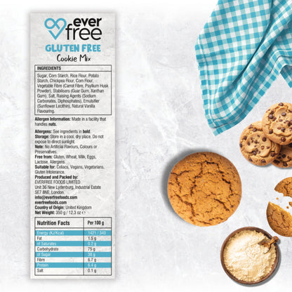 Three packs of EverFree Gluten Free Cookie Mix 350g each, showing the colorful packaging and cookies baked from the mix.