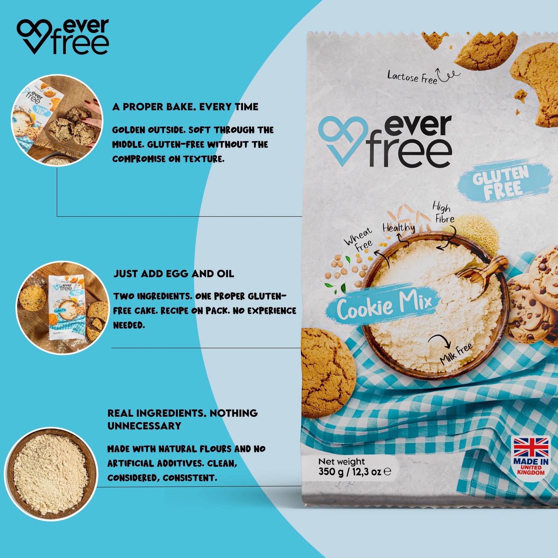 Three packs of EverFree gluten-free cookie mix in 350g bags, showing colorful packaging and crisp cookie images.