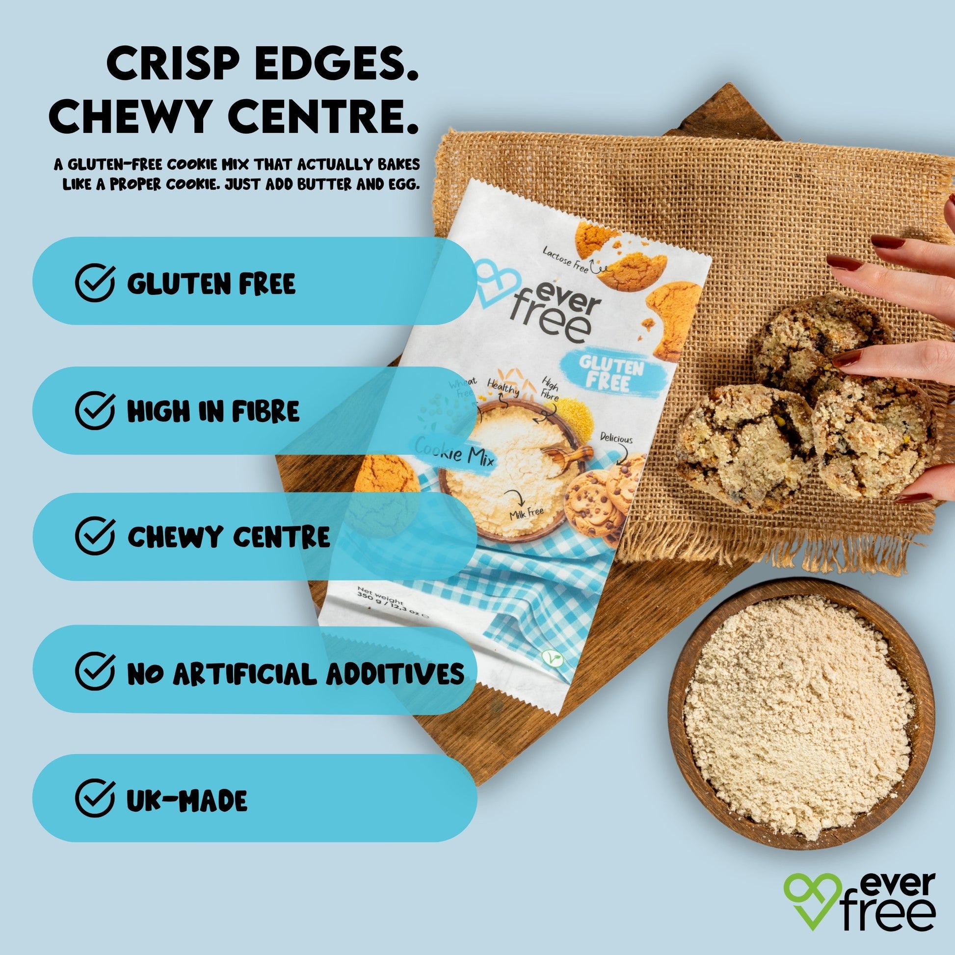 Three packs of EverFree gluten-free cookie mix 350g each, showing the packaging with cookies and ingredients on the label.