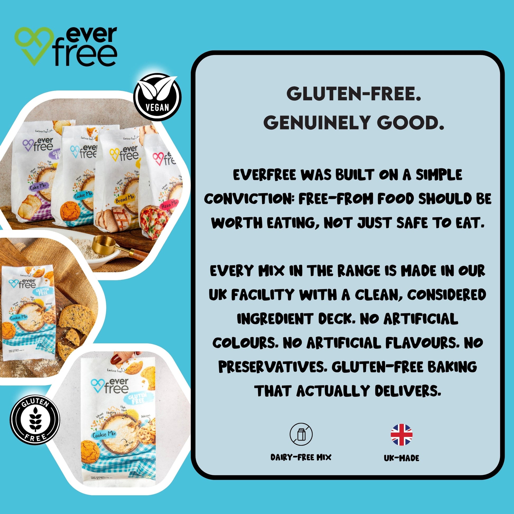 Three packs of EverFree Gluten Free Cookie Mix in 350g packaging, showing the product boxes with colorful branding and labels.