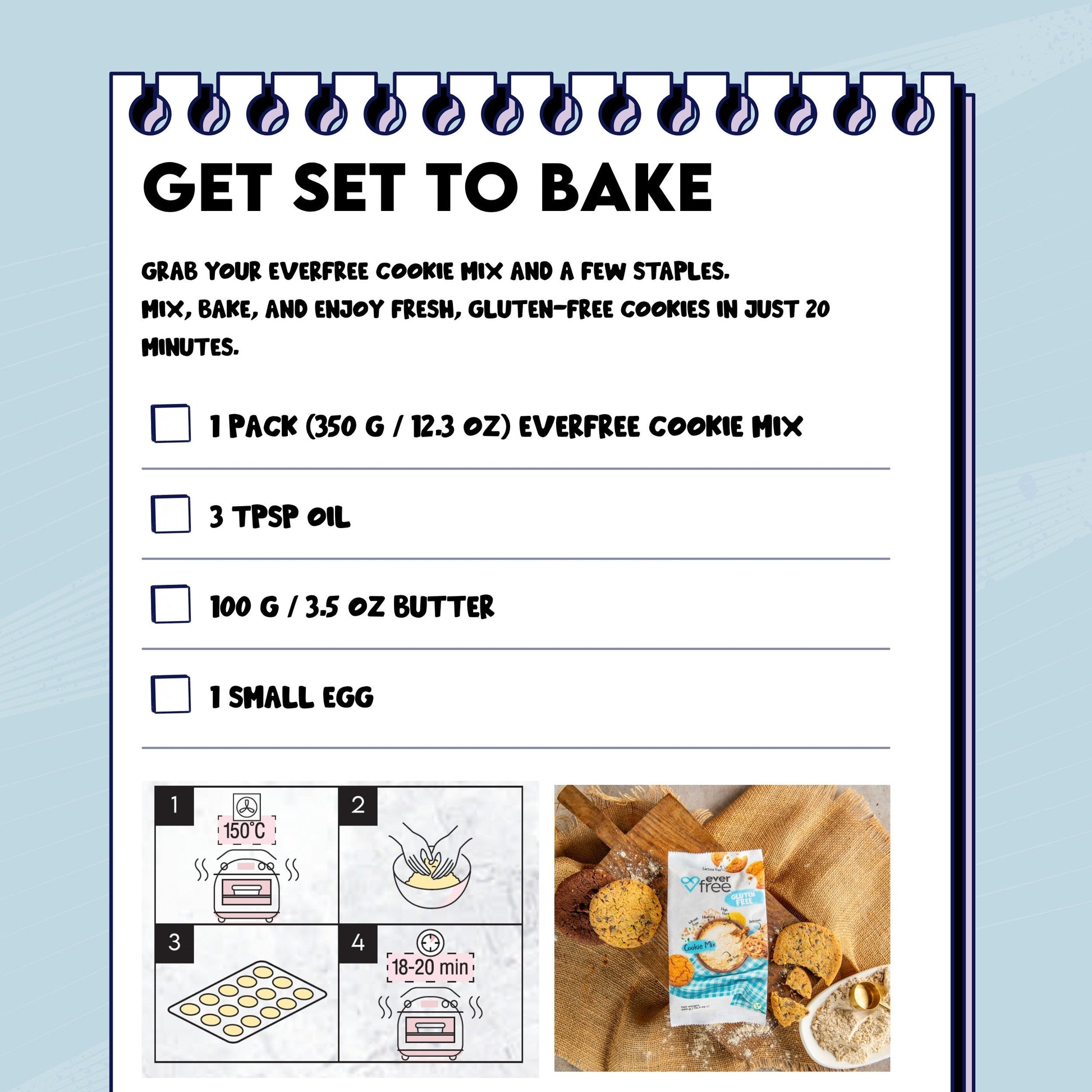 Three packs of EverFree gluten-free cookie mix in 350g packages, featuring colorful labels and cookie illustrations.