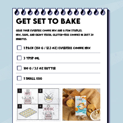 Three packs of EverFree gluten-free cookie mix in 350g packages, featuring colorful labels and cookie illustrations.