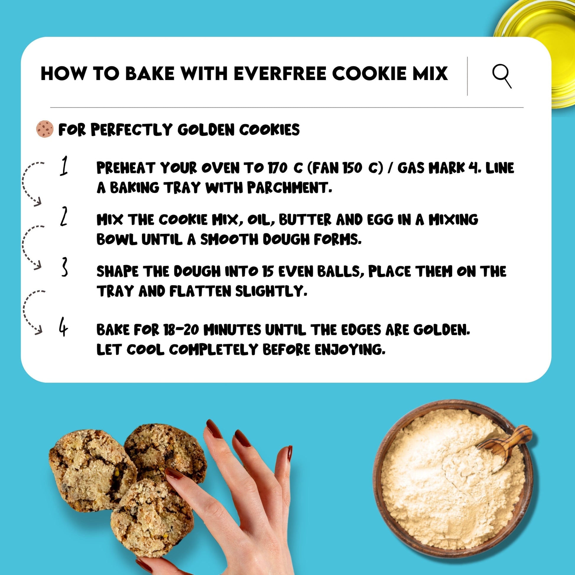 EverFree gluten-free cookie mix in three 350g packs, featuring a bag of cookie mix with baked cookies and ingredients.