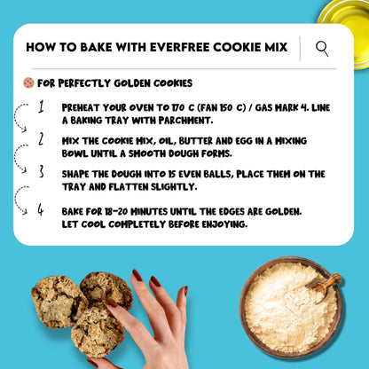 EverFree gluten-free cookie mix in three 350g packs, featuring a bag of cookie mix with baked cookies and ingredients.