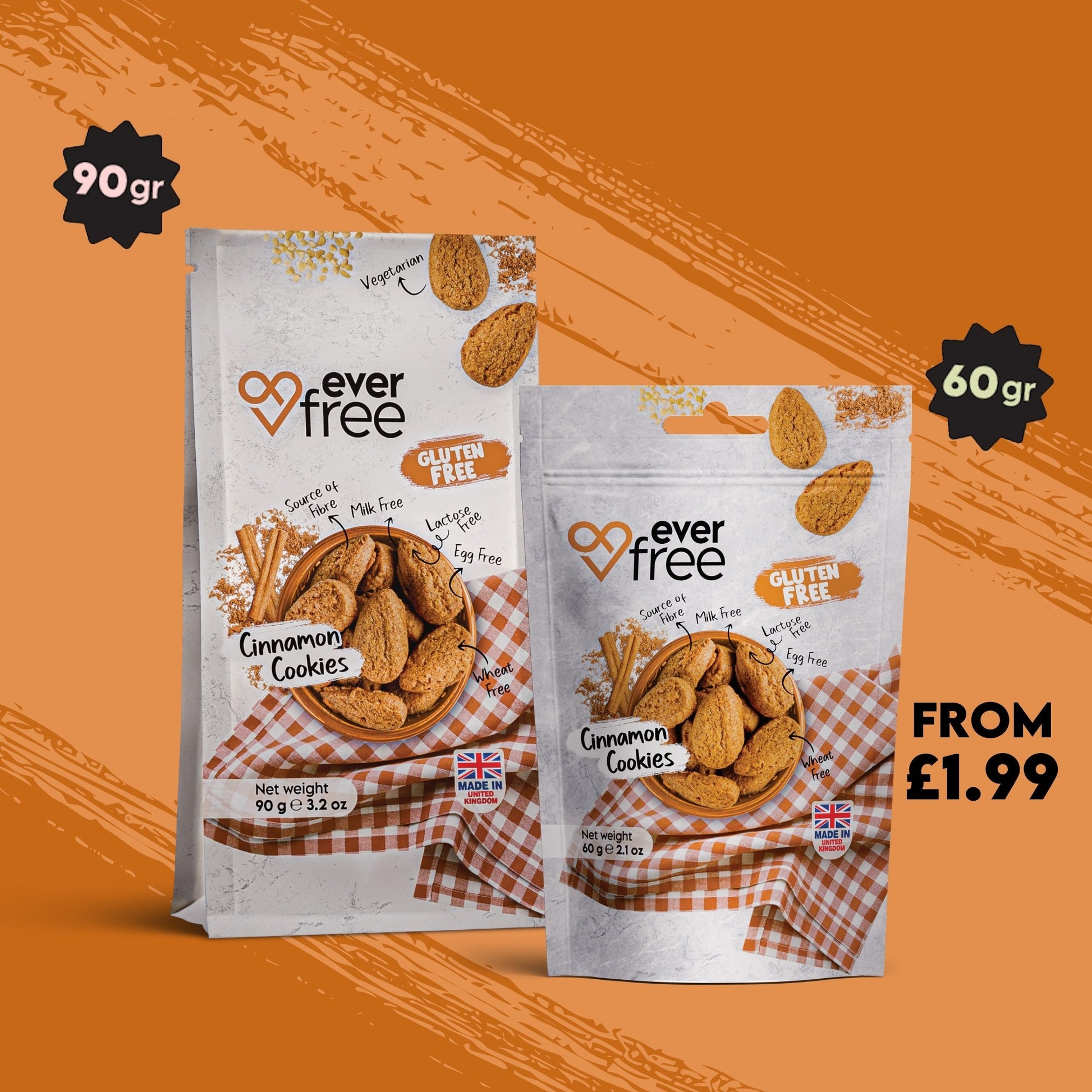 Pack of 32 EverFree gluten-free cinnamon cookies showing golden-brown cookies with cinnamon sugar coating.