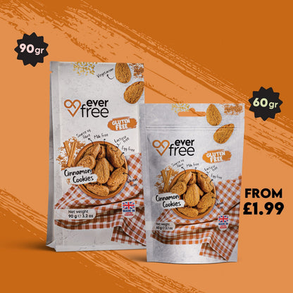 Pack of 32 EverFree gluten-free cinnamon cookies showing golden-brown cookies with cinnamon sugar coating.